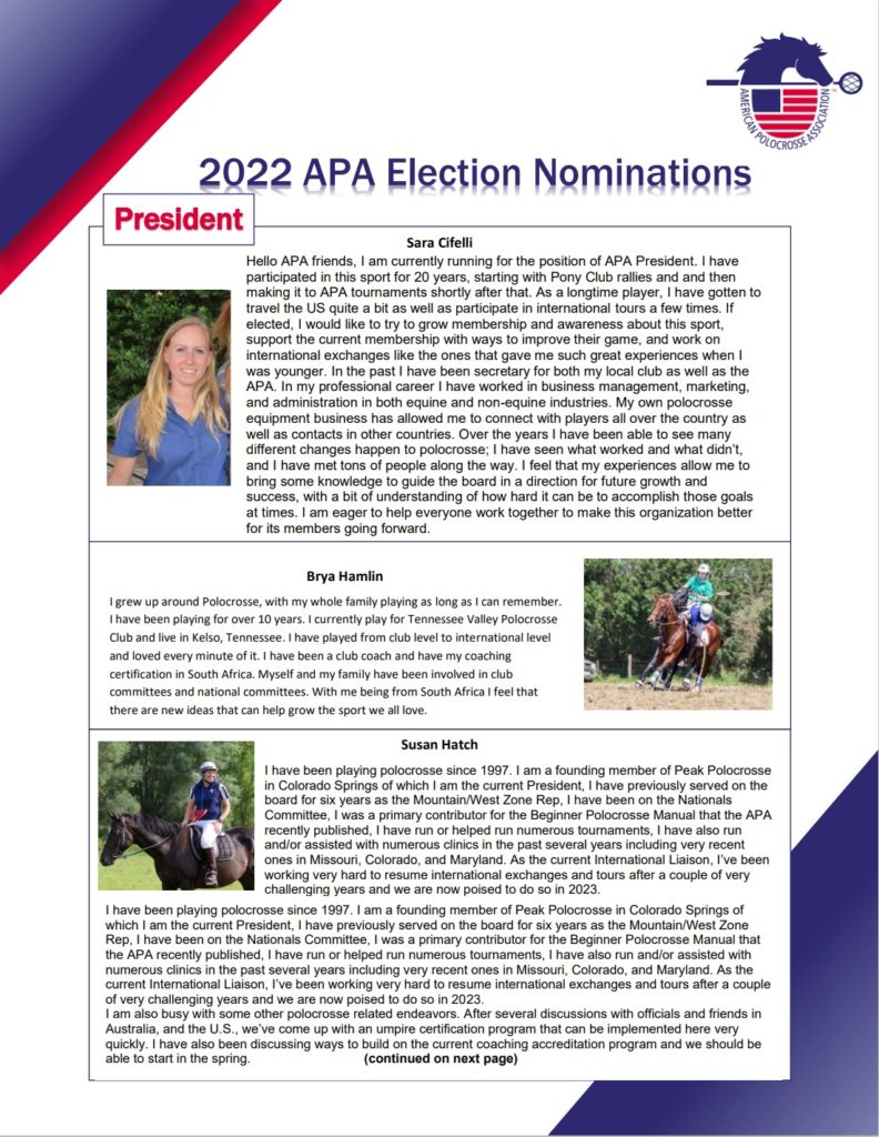Candidates for the 20232024 Board of Directors American Polocrosse